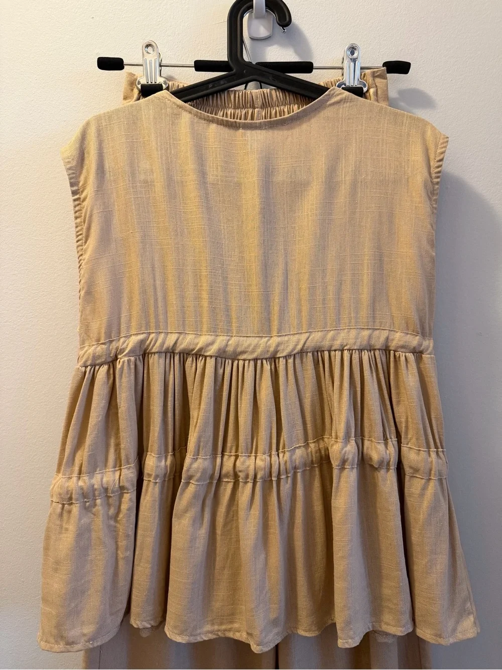 Cotton Linen Top with Ruffle Tie Waist and Straight Pants Set - Taupe - Picture 5 of 5